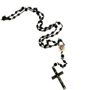 Vintage sterling silver  France ebony cross black beaded rosary